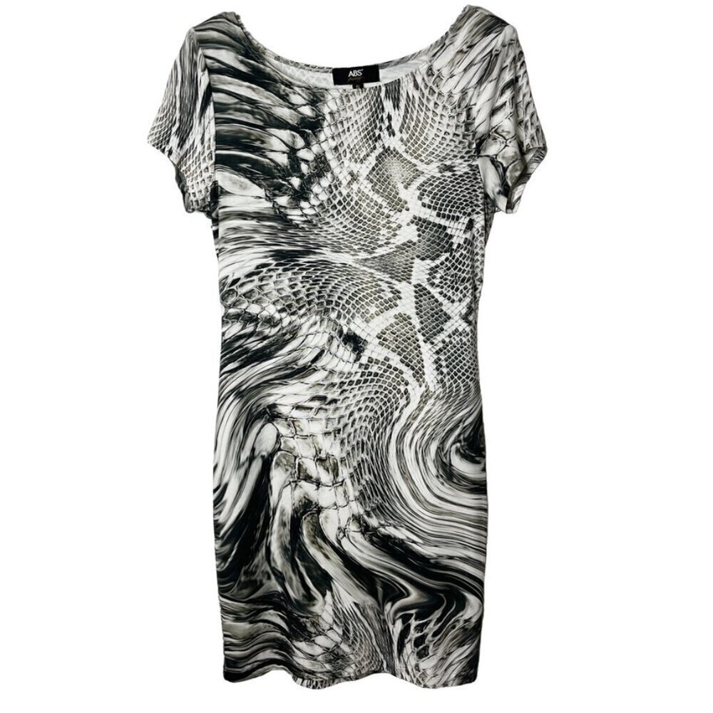 ABS by Allen Schwartz Women's Snake Skin Print Dress S Gray Sheath Short Sleeve